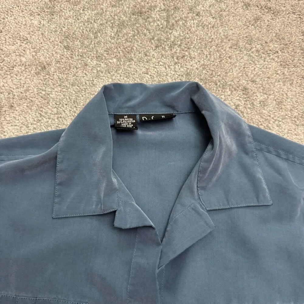 Vintage Rafaella Utility Safari Button Down Shirt Womens Medium Blue Rayon Top